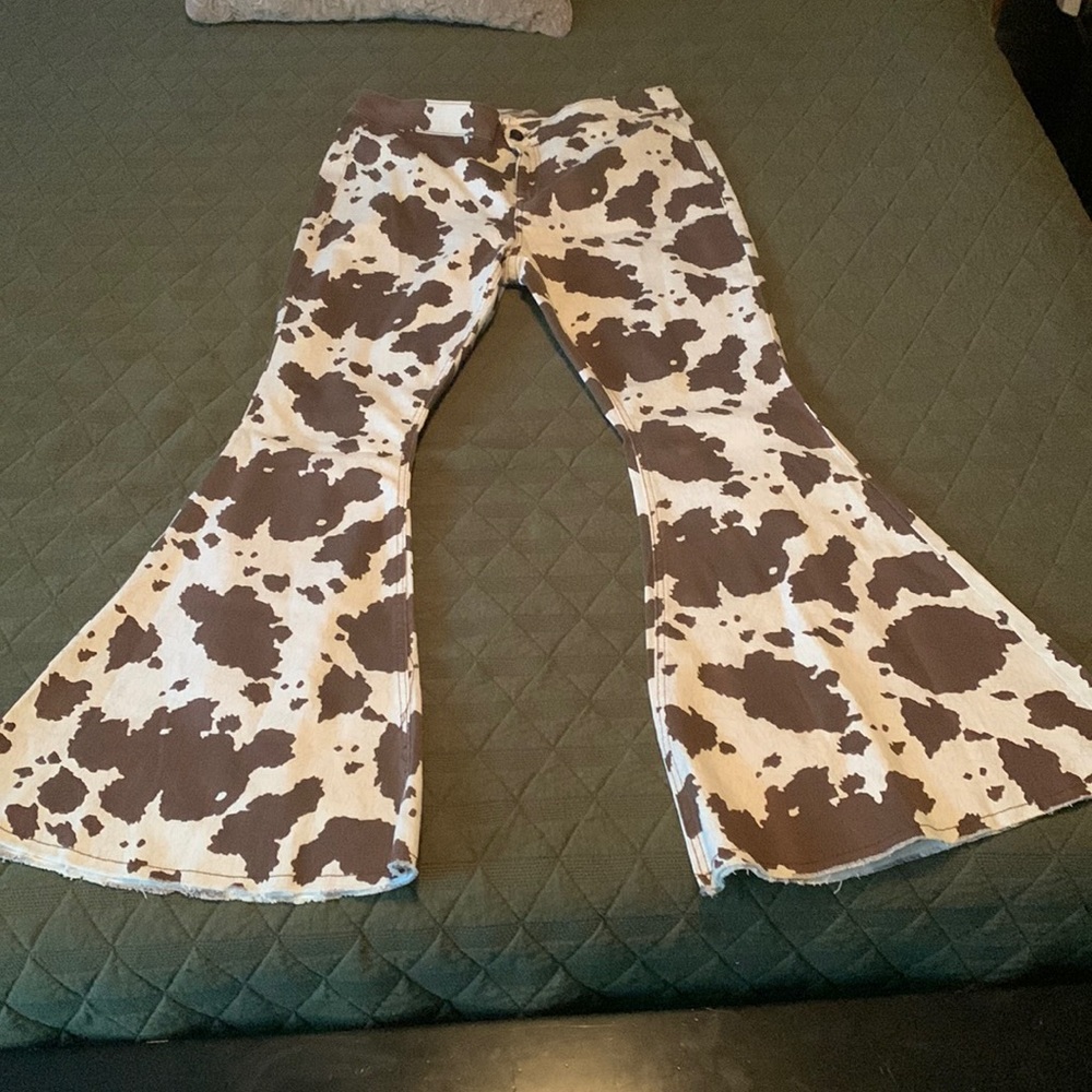 Cow print flare jeans
